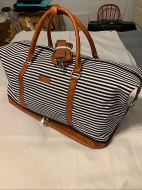 Striped Black & White Duffel with Tan Trim and Silver hardware-Travel Weekender
